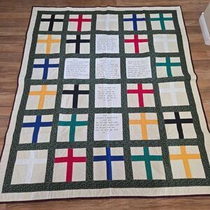 Vintage 90s Handmade Faith Inspired Patchwork Quilt Bible Verses Colorful Crosse